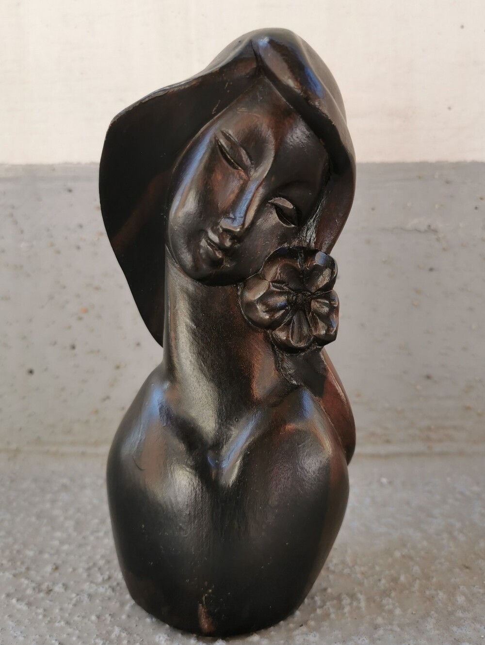 Vintage Hand Carved Wood Woman Bust Sculpture With Flower 7"